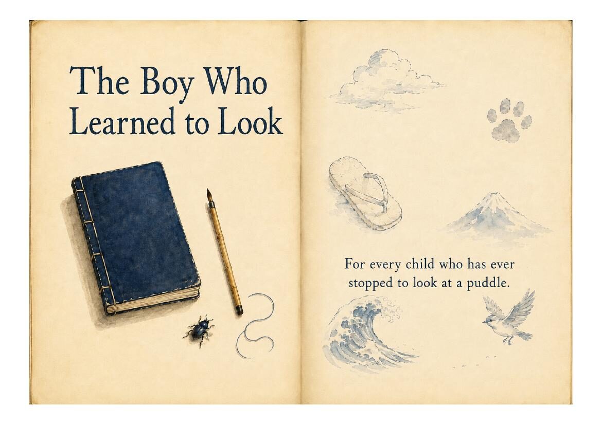 A boy looks at the small sky inside a puddle