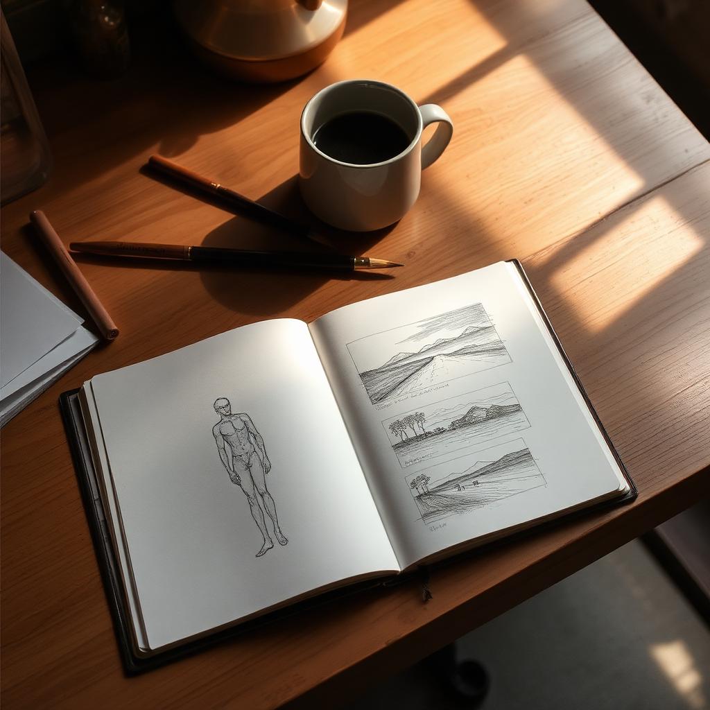 An open sketchbook with figure studies and landscape thumbnails.