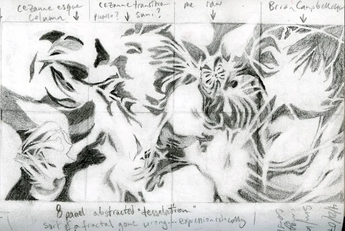 A sequence of black-and-white organic forms developed across eight panels.