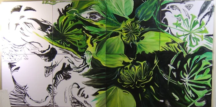 Green and yellow sunflower forms unfold across a wide composition.