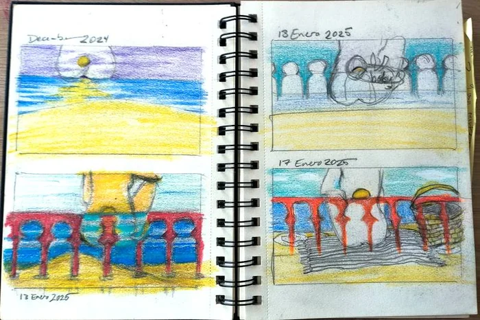 Four colored composition studies arranged across a spiral-bound sketchbook.