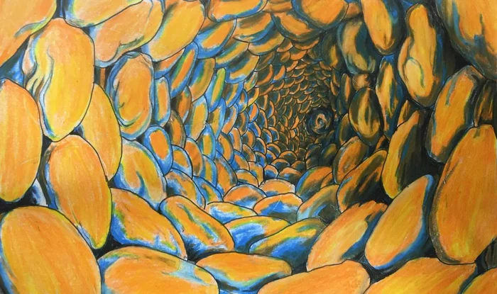 Golden stones spiral into a deep blue well.