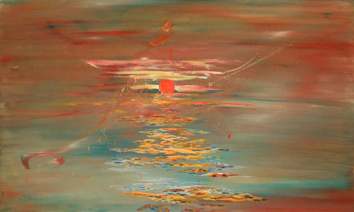 An orange sun dissolves into muted green and rust-colored water.