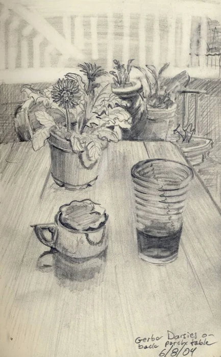 A carefully observed table with plants, cups, and vessels.