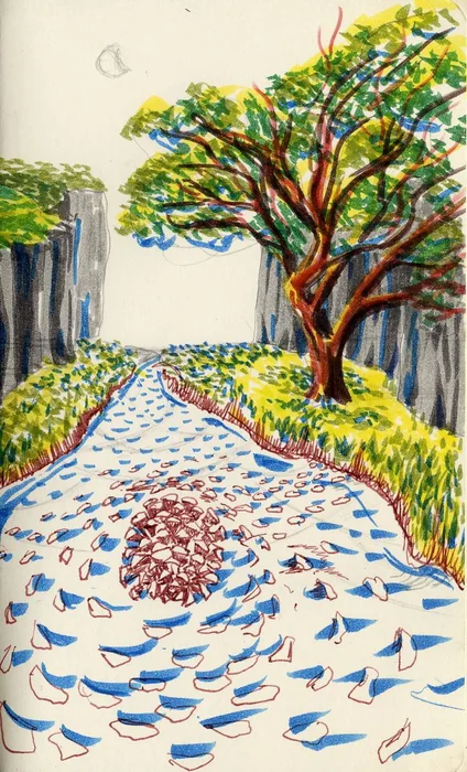 A color study of a path, fallen leaves, and an autumn tree.