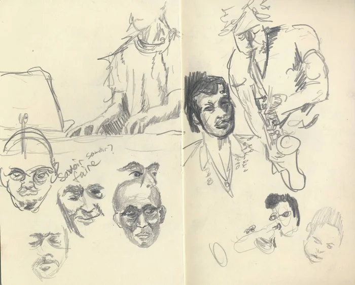 Loose line studies of faces, a seated figure, and a musician across a spread.