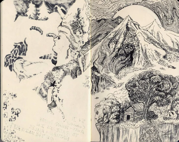 A densely drawn mountain landscape shares a spread with animal and creature studies.