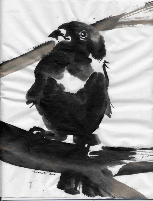 A black bird perched on a branch, painted in expressive ink washes.