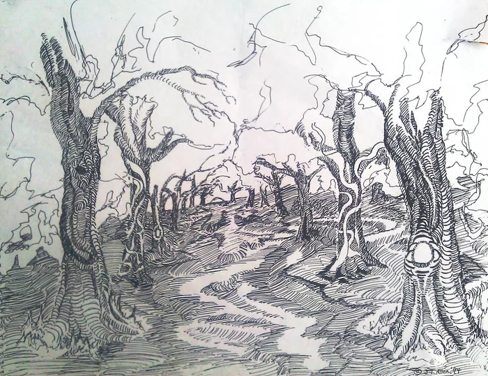 Twisting trees frame a winding path, described with dense hatched lines.