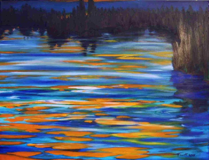 Blue, orange, and yellow reflections beneath a dark shoreline.