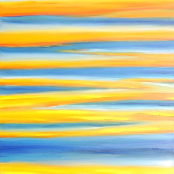 Broad horizontal bands of blue, gold, and white suggest moving water.